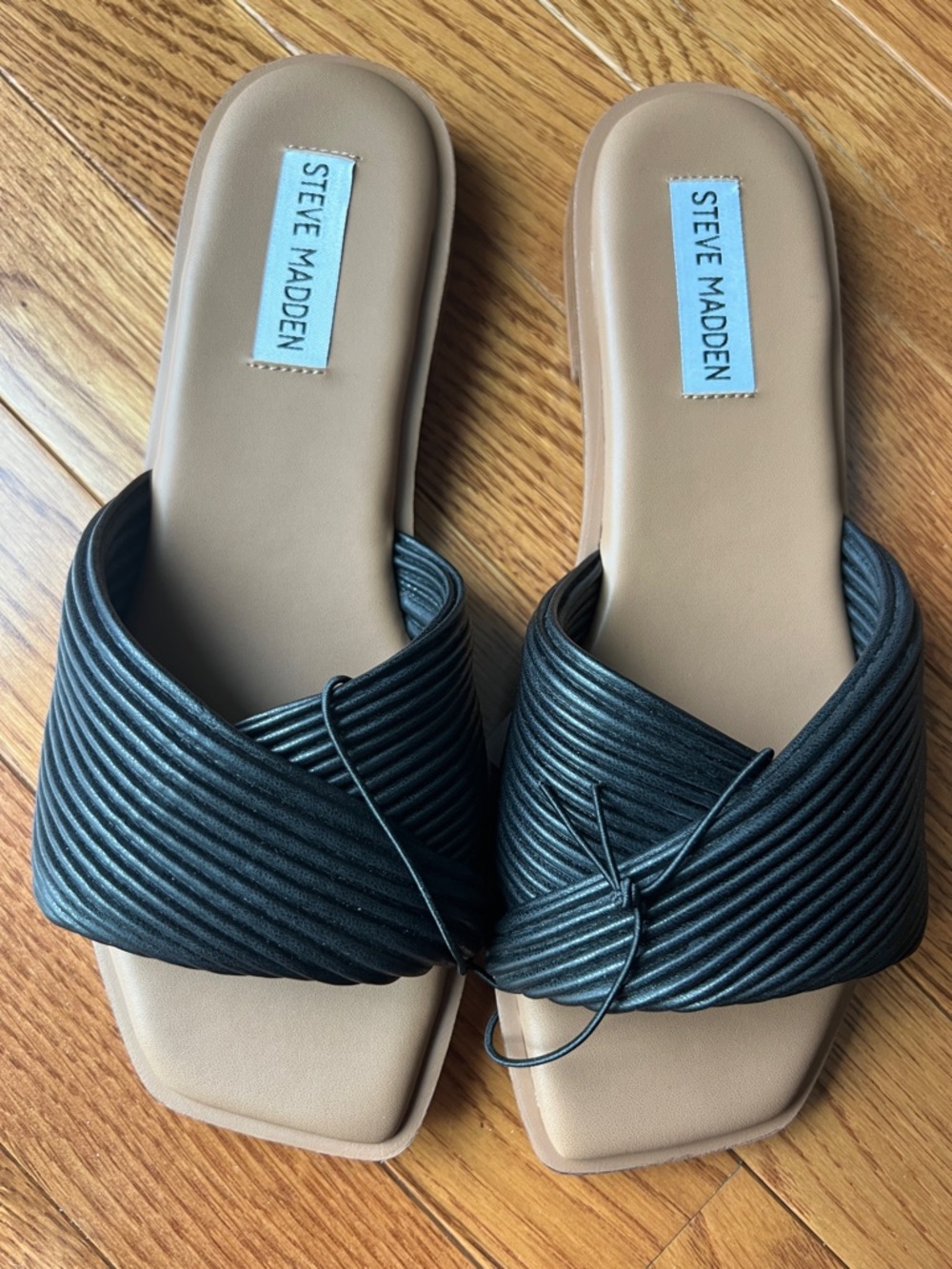 Steve Madden Black Leather Cross-Band Slide Sandals